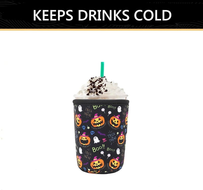 YR Reusable Neoprene Insulator Sleeve for Iced Coffee Cups, 3 Pack Coffee Coolies sleeves for Iced & Hot Drinks, Cold Beverage Cooler Compatible with Starbucks Coffee and More (Halloween Boo) - Image 4